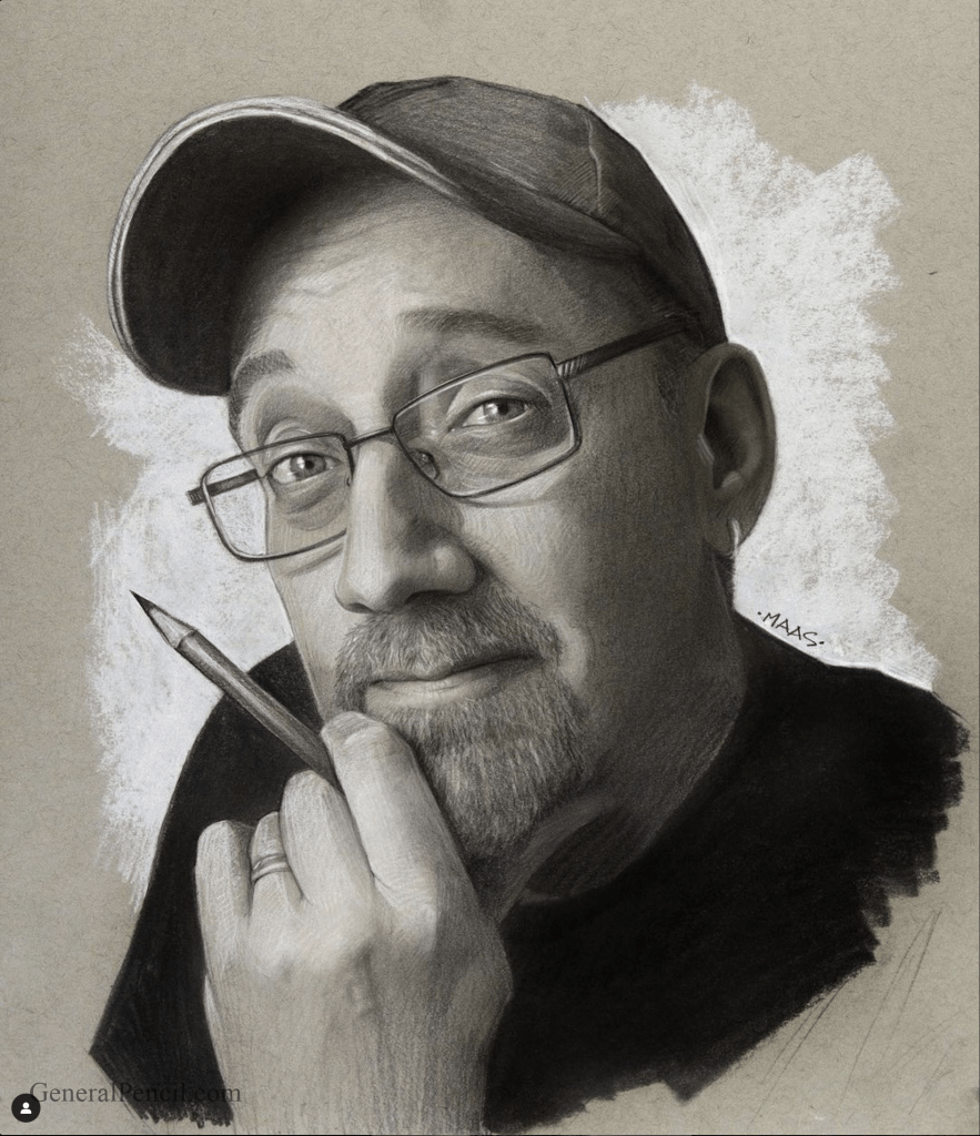 A realistic pencil drawing of a man wearing glasses and a cap, holding a pencil. He is resting his chin on his hand and has a thoughtful expression. The artwork uses shading to create depth and detail.